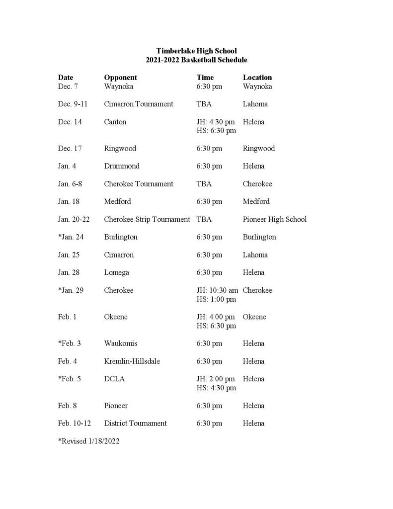 Revised HS Basketball Schedule